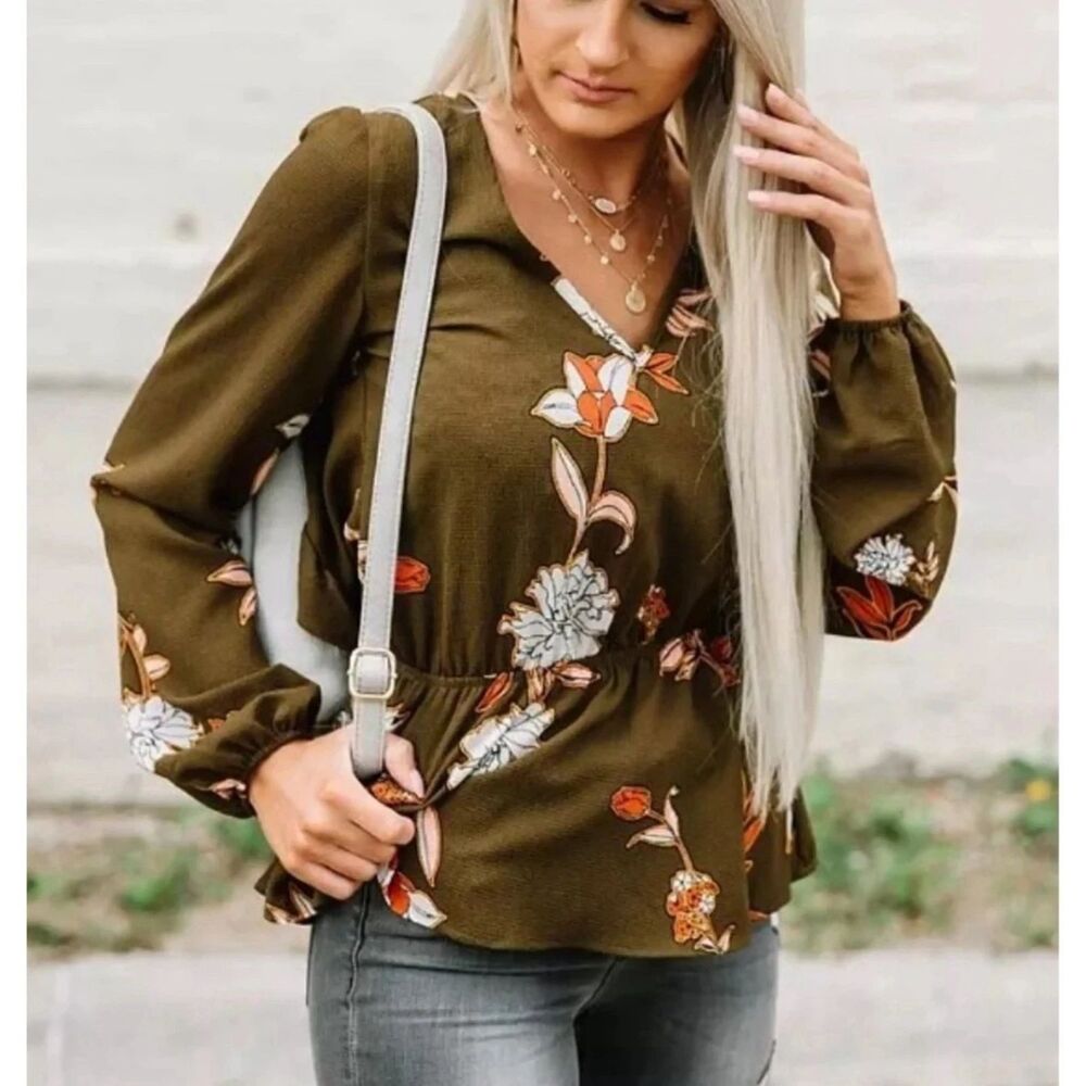 Willow Root Womens Floral V Neck Blouse XS Olive Green Long Sleeve Tie Back